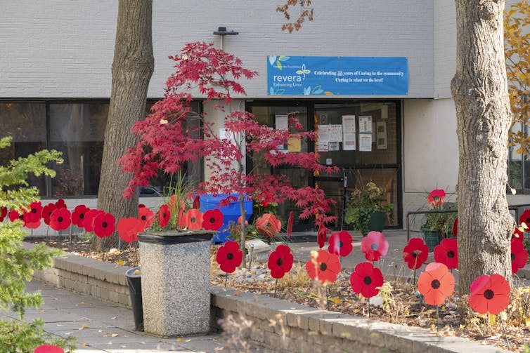 A sea of ornamental poppies in front of a long-term care home