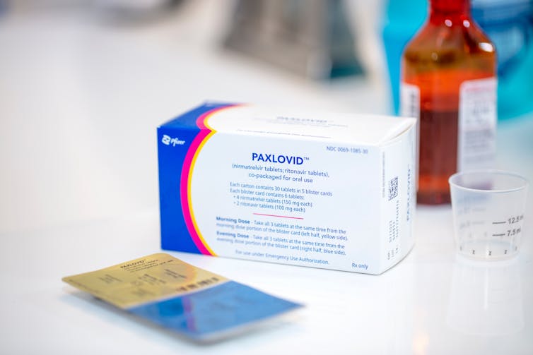 Paxlovid box on a counter.