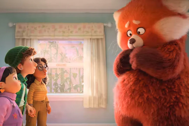 Turning Red image: three girls stare up at a giant red panda