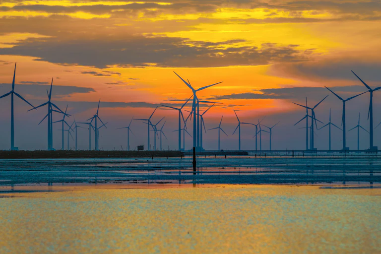 Offshore wind farm at sunset