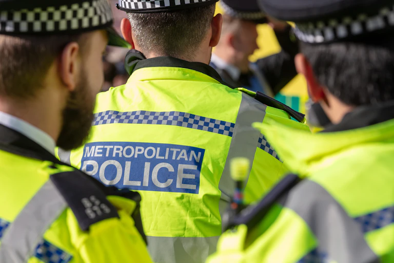 close view from behind of several police in high-visibility jackets reading Metropolitan Police across the back