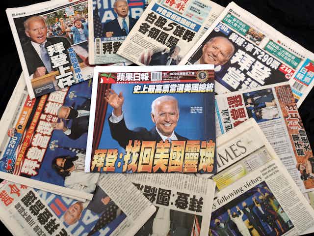 Montage of Taiwanese newspapers the morning after Joe Biden's election victory in November 2020. 