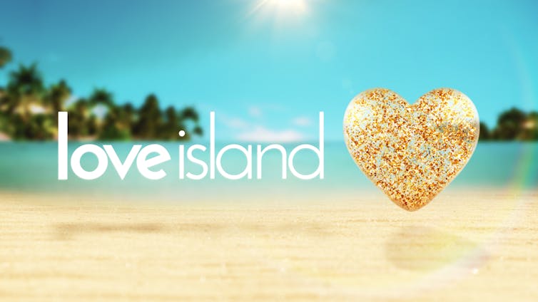 The Love Island logo, a tropical beach with floating white text reading love island and a sparkly gold, floating heart