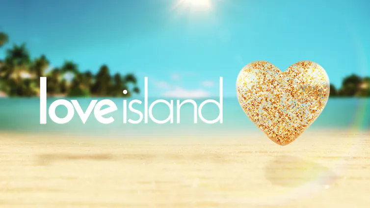 The Love Island logo, a tropical beach with floating white text reading love island and a sparkly gold, floating heart