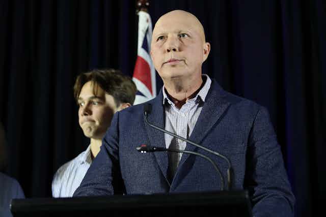 Peter Dutton speaks to supporters on election night.