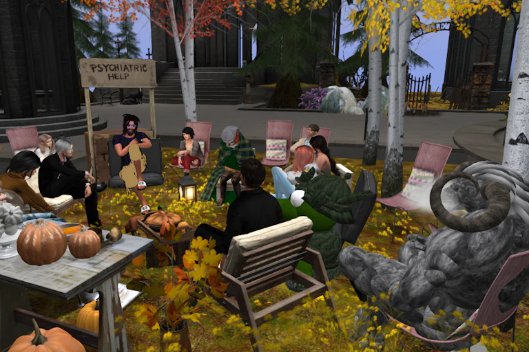 a computer-generated image of people and mythical beasts sitting around an outdoor setting