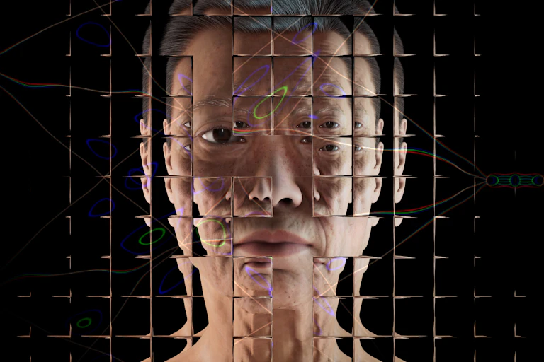 A photo of a woman's face refracted through a grid of glass squares.