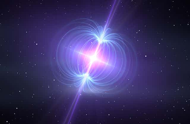 A illustration depicting a neutron star, with beams of material being emitted from its poles.