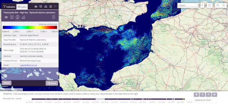 Image satellite centrée sur la marche, des efflorescences sont indiquées en bleu-vert
