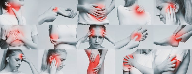Black and white images of a woman with a red patch of pain in various locations