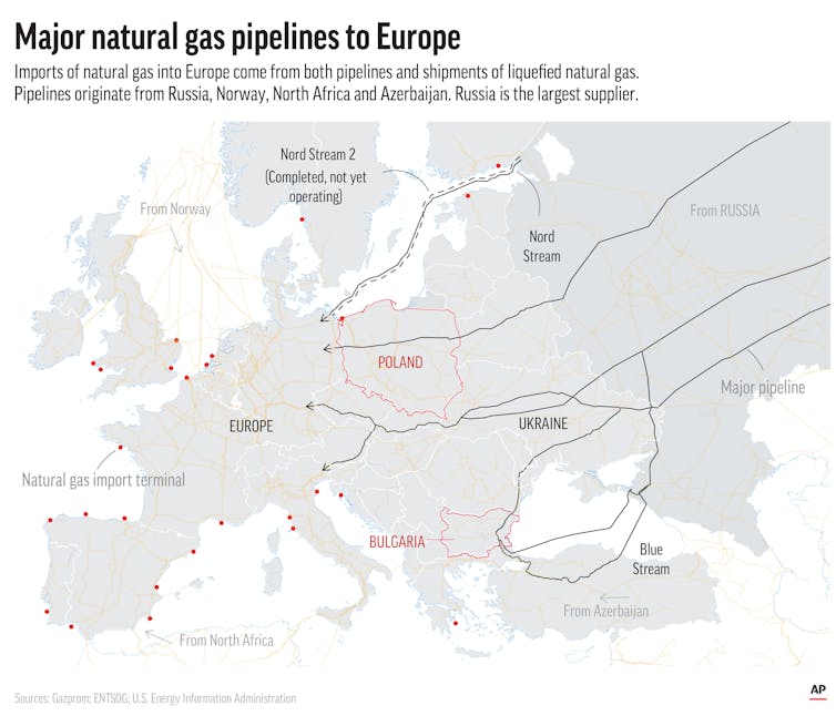 A map showing LNG terminals and pipelines in Europe.
