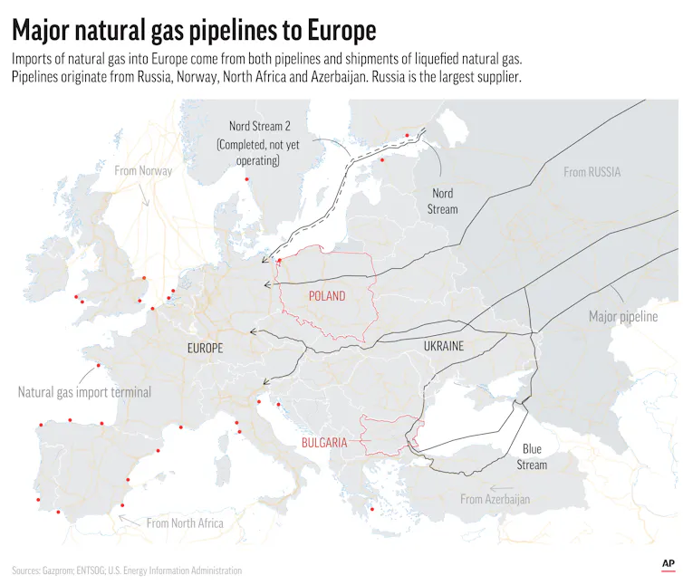 A map showing LNG terminals and pipelines in Europe.