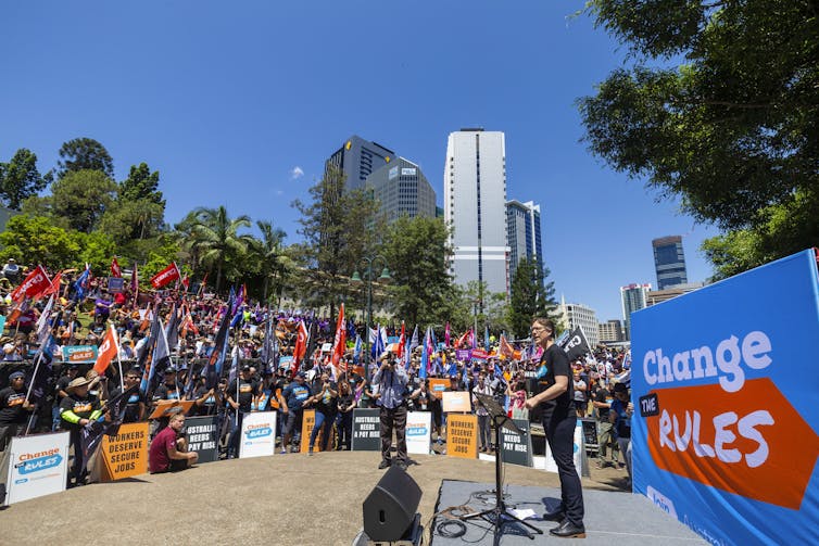 ACTU general secretary Sally McManus addresses a 'Change the Rules' rally in Brisbane, November 20 2018.