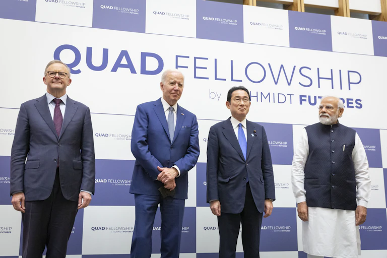 (L-R) Australian Prime Minister Anthony Albanese, US President Joe Biden, Japanese Prime Minister Fumio Kishida and Indian Prime Minister Narendra Modi attend the Japan-U.S.-Australia-India Fellowship Founding Celebration event in Tokyo