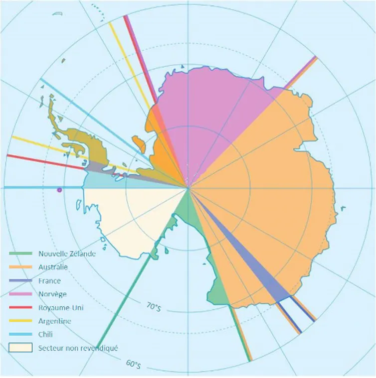 Carte de l’Antarctique séparé en 7 rayons de taille différente, plus une zone vierge
