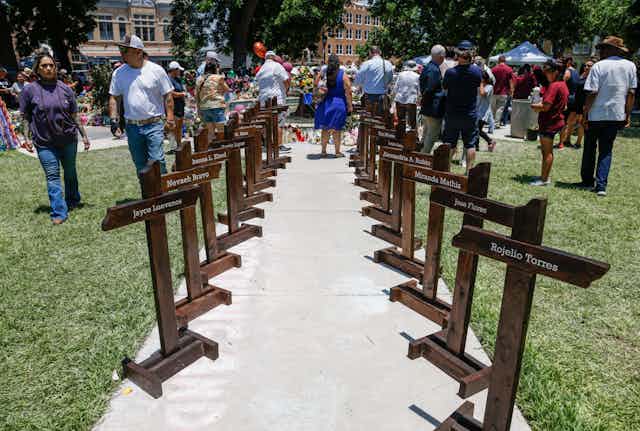 The Uvalde town square memorial following the shooting at Robb Elementary School in Uvalde, Texas, USA, 29 May 2022.
