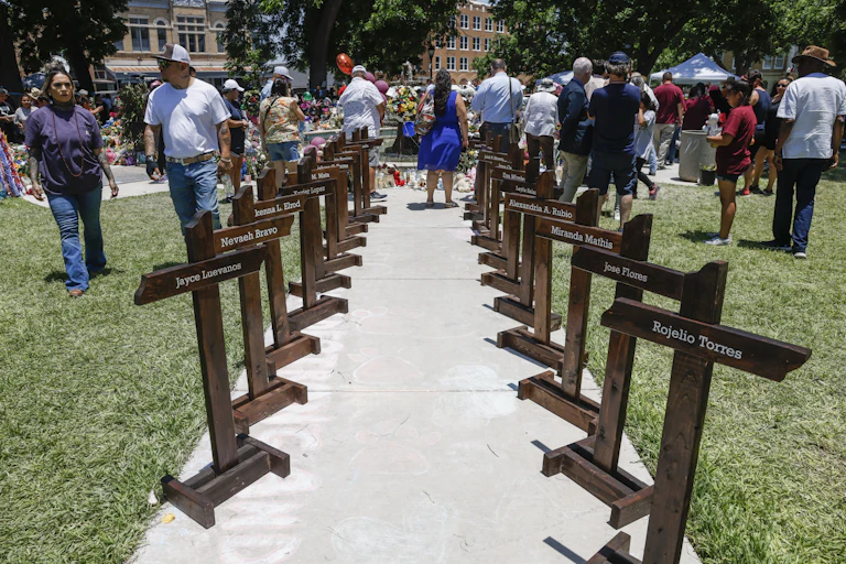The Uvalde town square memorial following the shooting at Robb Elementary School in Uvalde, Texas, USA, 29 May 2022.