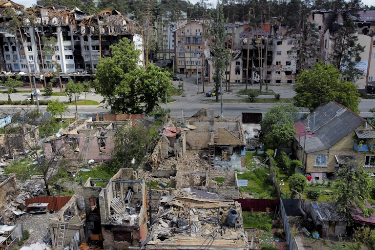 Damaged houses and apartment buildings