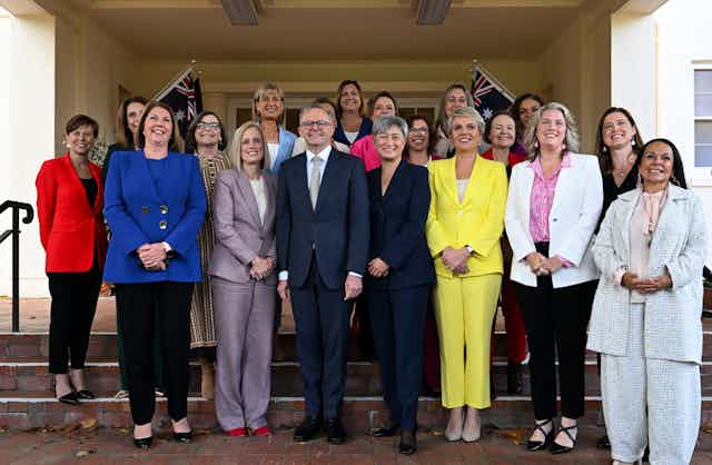 Anthony Albanese with female members of the ministry after they were sworn in.
