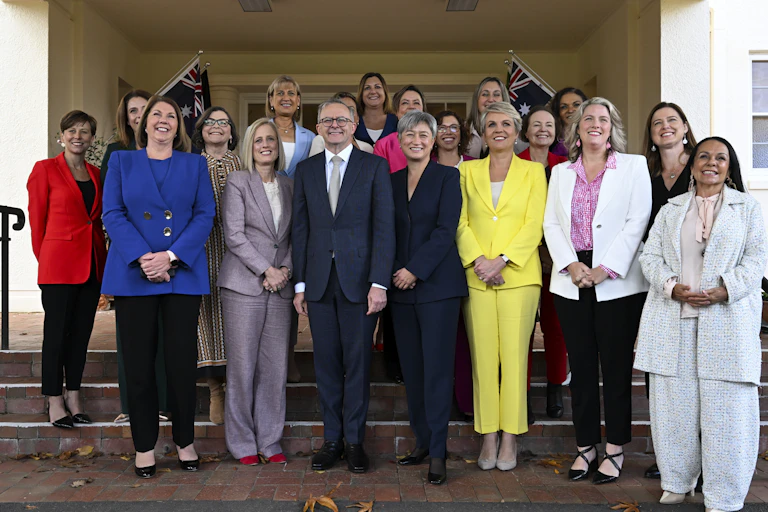 Anthony Albanese with female members of the ministry after they were sworn in.
