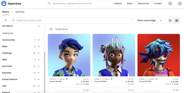 CloneX avatars on sale on OpenSea.