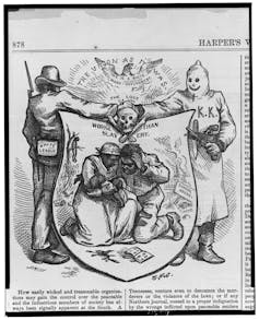 A drawing depicts a man labeled 'White League' shaking hands with a Ku Klux Klan member over a shield illustrated with an African American couple holding a possibly dead baby. In the background is a man hanging from a tree.