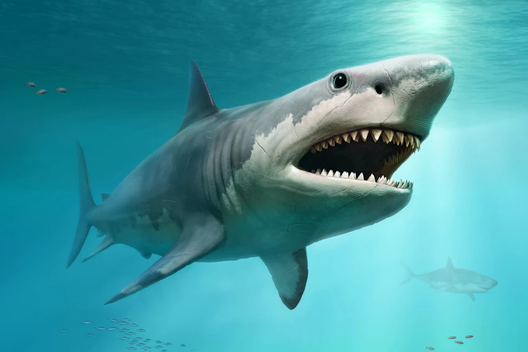With black eyes and a body of gray and white, a megalodon shark roams a primeval ocean.