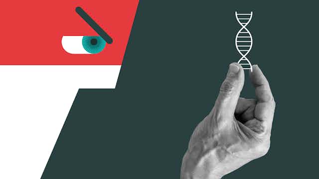 Illustration of a masked figure looking at a DNA strange held between two fingers