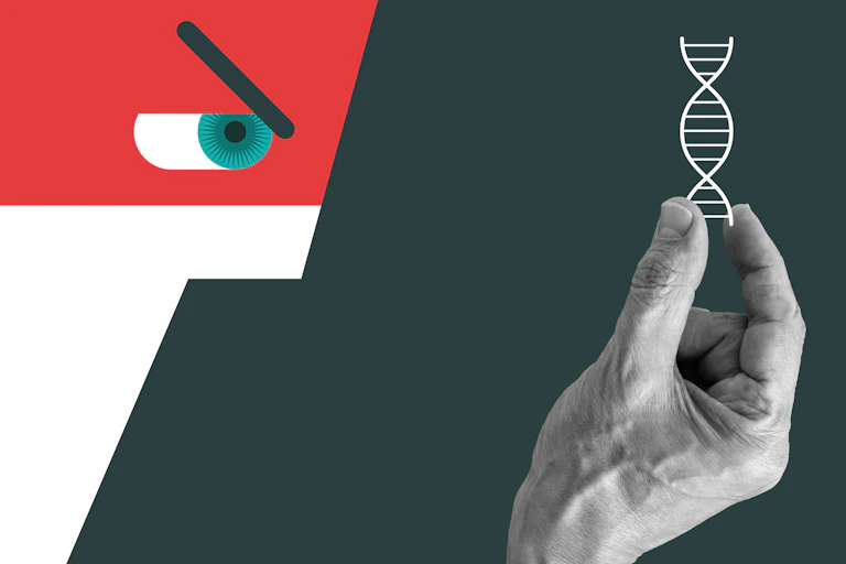 Illustration of a masked figure looking at a DNA strange held between two fingers