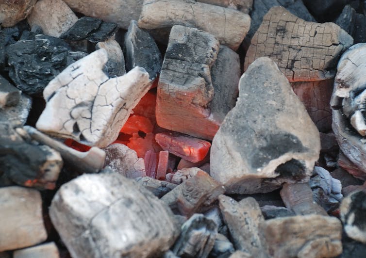 Burning charcoal with a reddish glow at the center.
