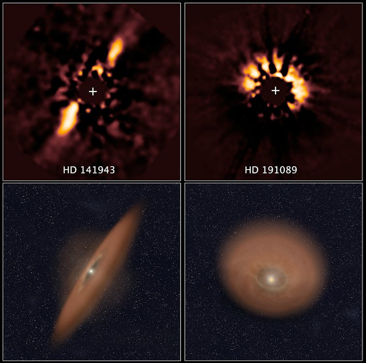 two photographs and corresponding illustrations of debris around a young star