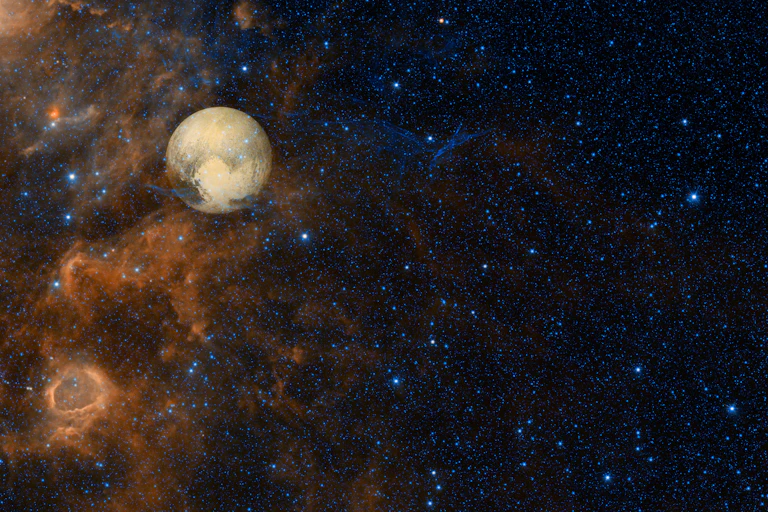 Artist rendition of a planet in the distance surrounded by gas and stars