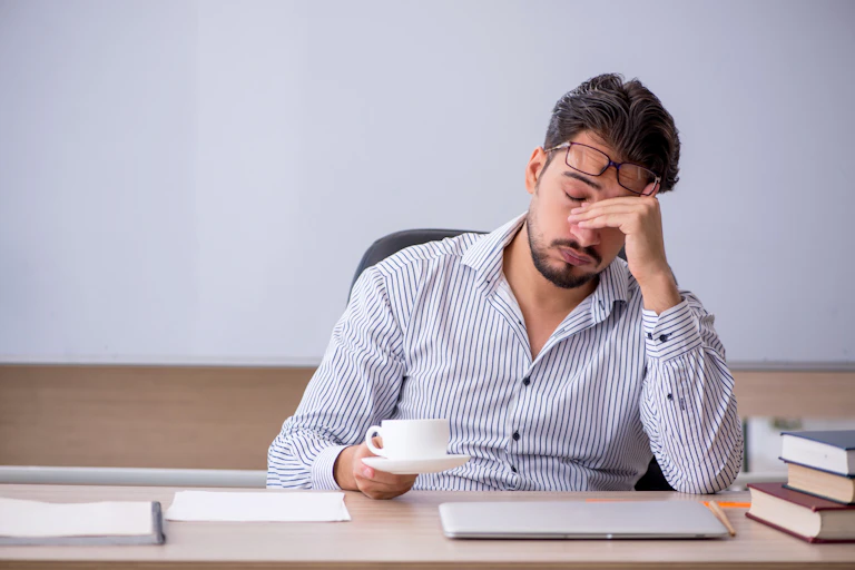 Weary academic sits at desk with hand on head and coffee in the other hand
