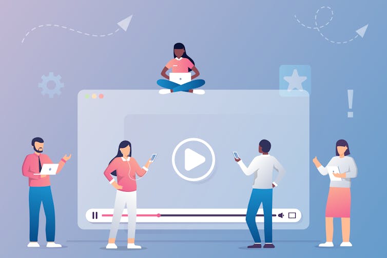 An illustration of people standing and sitting on top of a streaming page