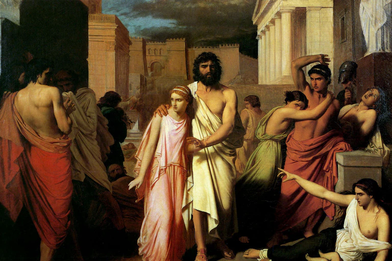 A 19th century painting showing a man with a garment wrapped around him, walking with a woman, dressed is a pink attire.