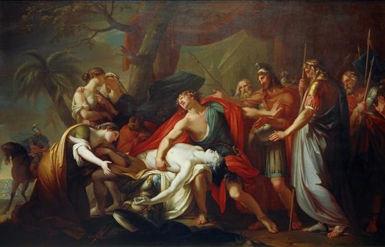 A painting showing the corpse of a dead man being held by wailing men and women while some warriors look on.