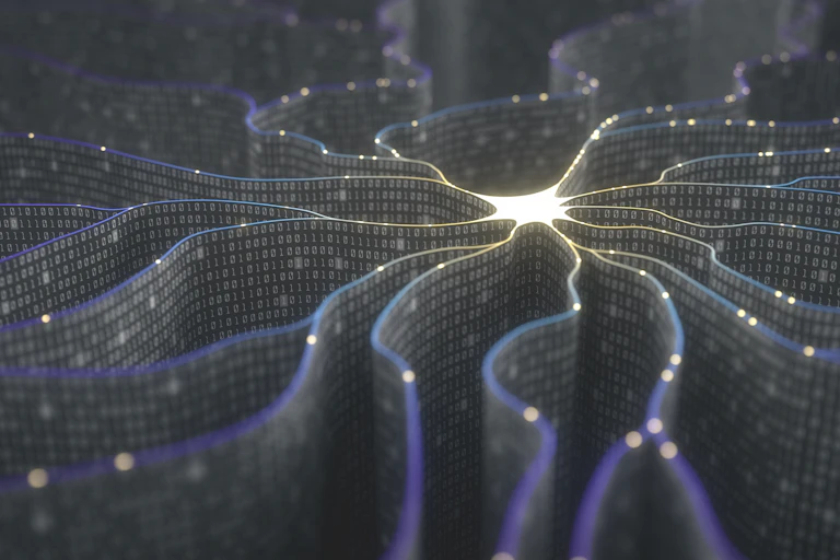 A 3D rendered image represents computation processing, with links coming out from a central bright 'node' in the network