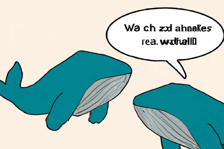 A drawing of two whales, with a speech bubble full of garbled text.