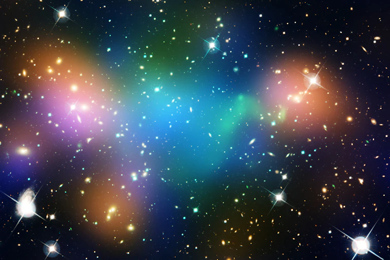 Image of the galaxy cluster Abell 520, with suspected dark matter highlighted in blue.