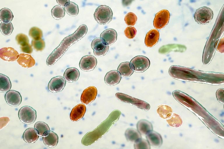 Illustration of different types of bacteria under a microscope