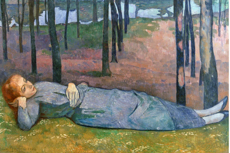 Painting of woman lying in repose, resting her head in her hand.