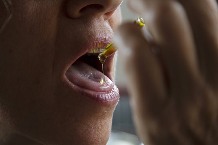 Self medication of CBD oil using an eye dropper