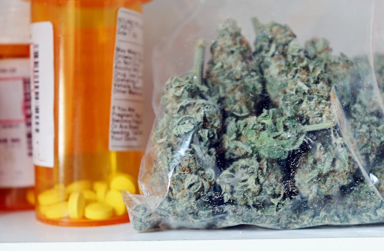 Bag of cannabis sitting next to a bottle of yellow pills.