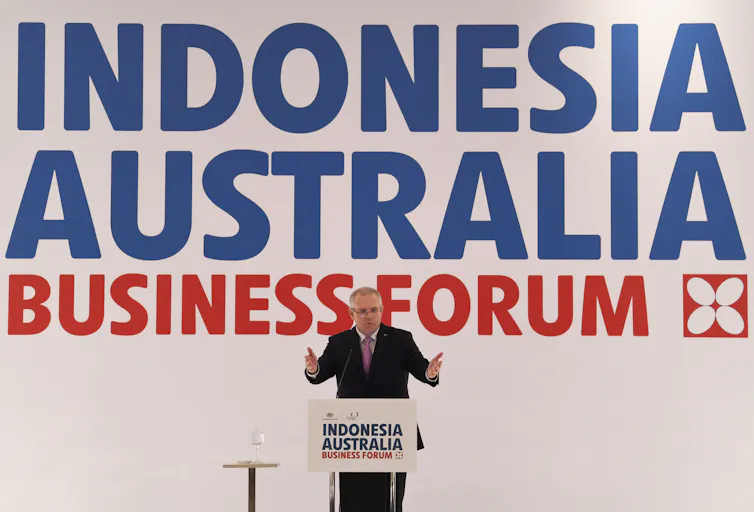 Then Australian prime minister Scott Morrison addresses the Indonesia Australia Business Forum on September 1 2018, during a two-day visit to Jakarta.