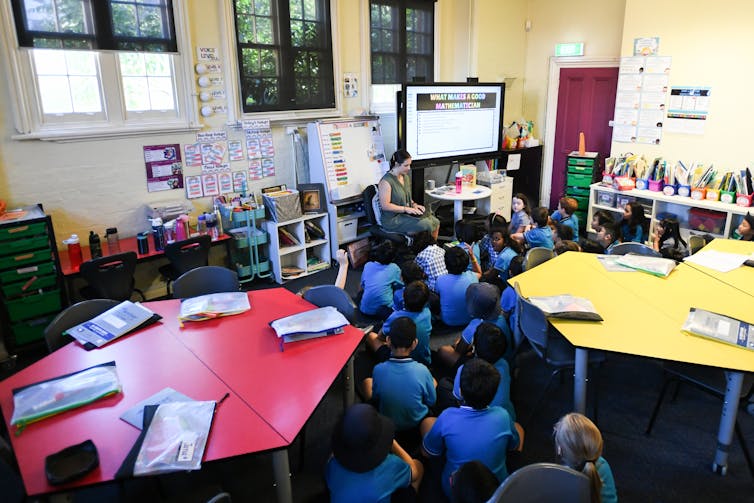 Teacher in front of a class of students.