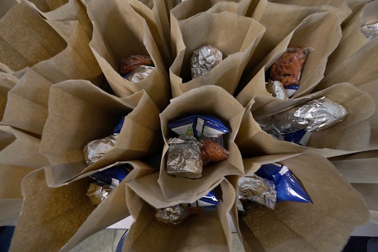 Brown paper bags with lunch items in them, seen from above