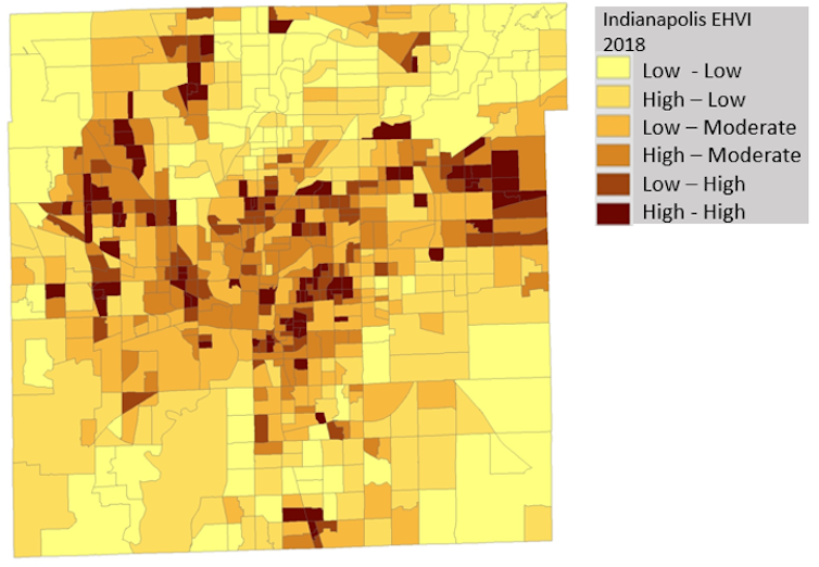 Map of Indianapolis showing how risk is pinpointed by a heat vulnerability index created by the author.