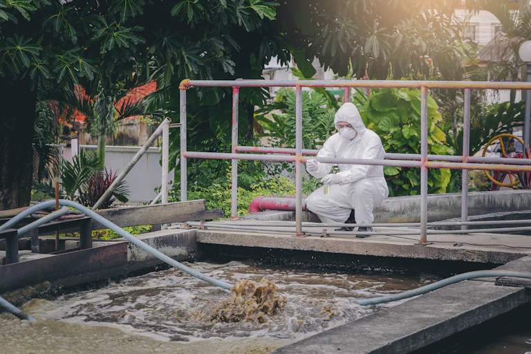 a person in a white hazmat suit crouches near a vat of wastewater