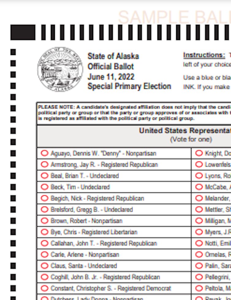 A sample ballot for the US House primary, showing names of the 48 candidates in Alaska, with