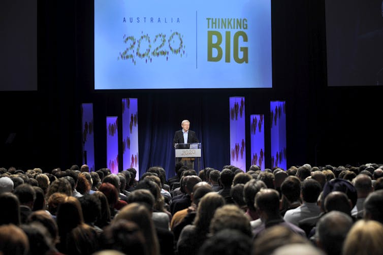 Australia's prime minister Kevin Rudd addresses the 2020 summit in Canberra, April 19 2008.